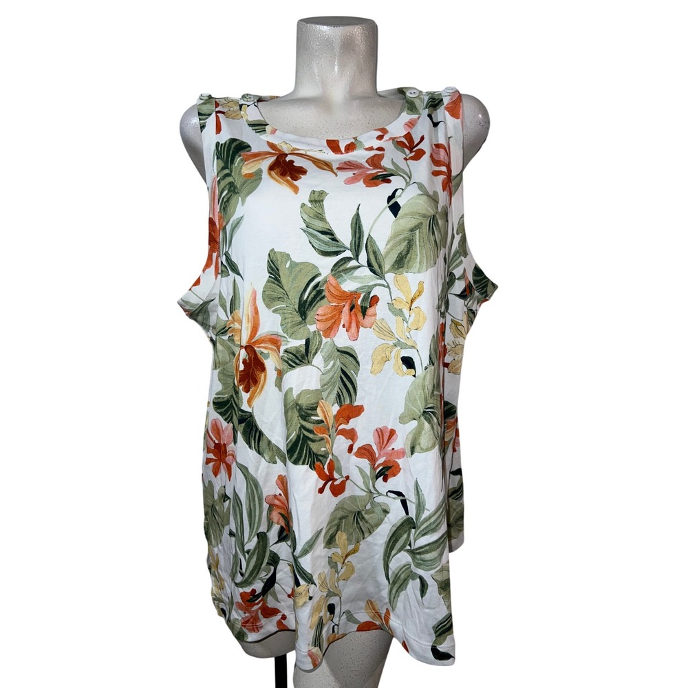 Chicos Top Womens Size XXL (4) Tropical Floral Pima Cotton Tank Top White Orange